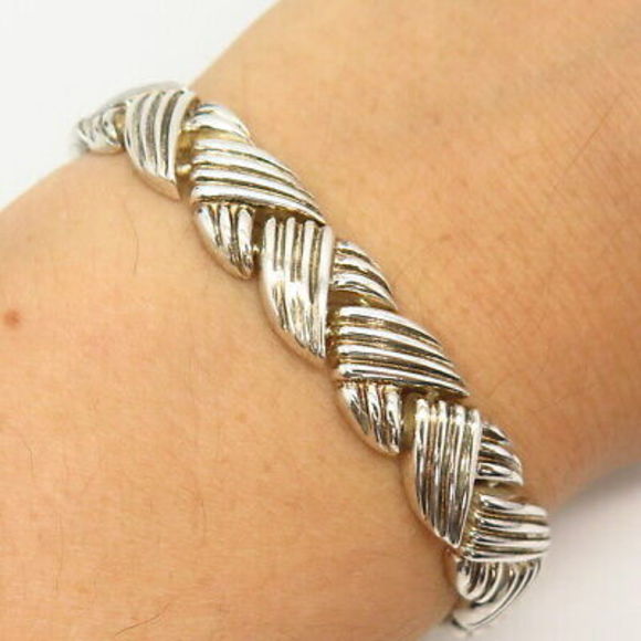 925 Sterling Silver Crossover Ribbed Design Link Bracelet 7
